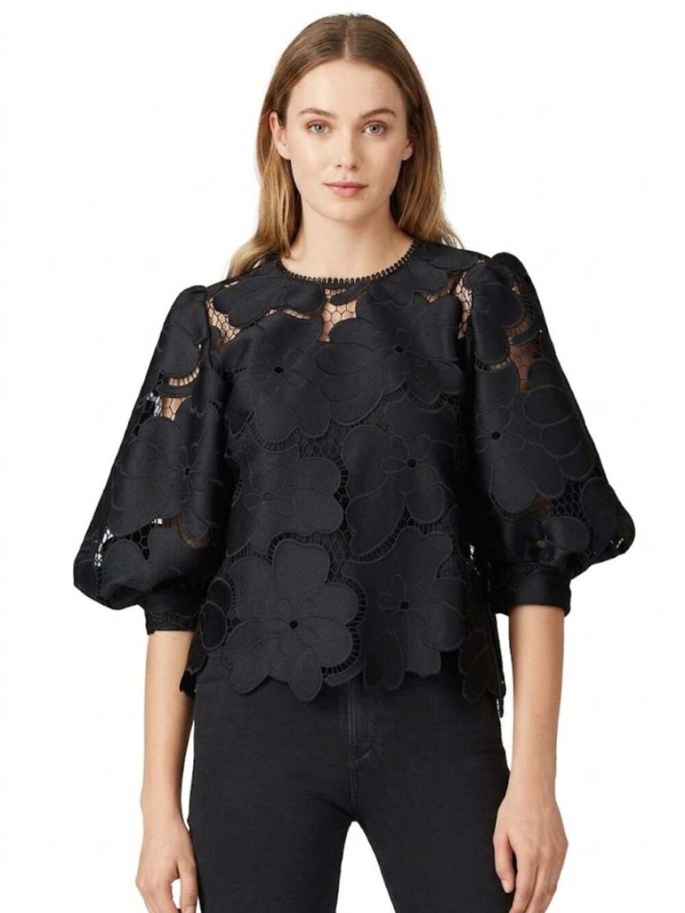 Hunter Bell Black Floral Appliqué Puff Sleeve Lace Top – Size Large